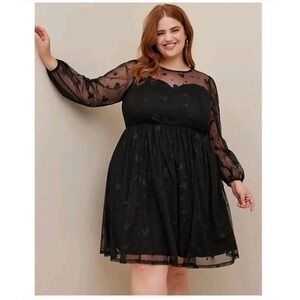 Disney Black Mesh Mickey Stars Sheer Overlay Long Sleeved Dress Size 14 Skater